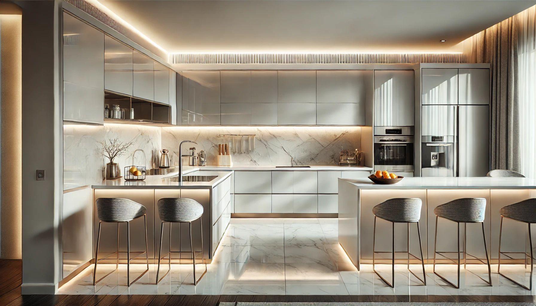 Modern kitchen with marble countertops, sleek cabinets, and bar stools, illuminated with ambient lighting.