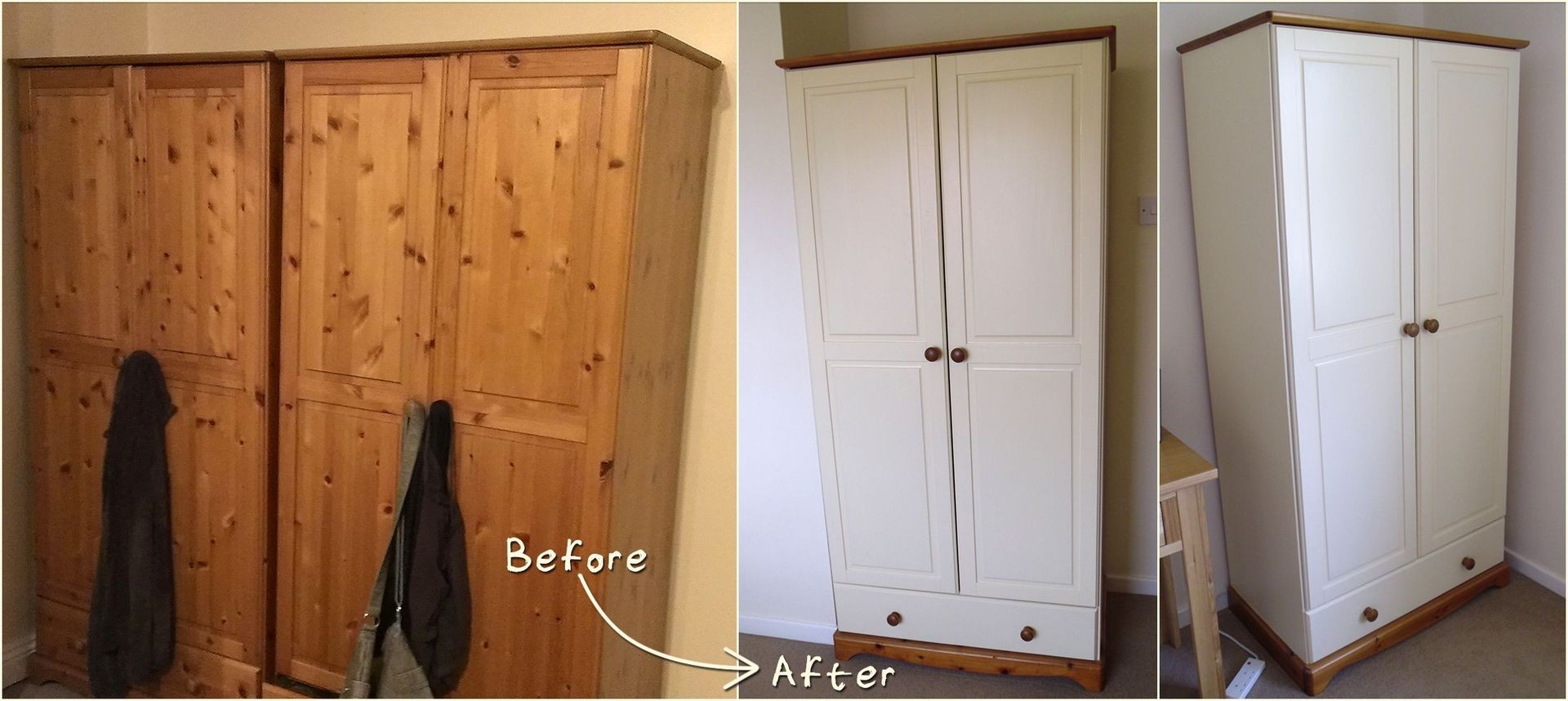 Before and after comparison of wooden wardrobes transformed with white paint and new knobs.